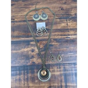 Multi Chain Long‎ Pendant Necklace & 3 Pairs Of Matching Earrings Bronze Tone